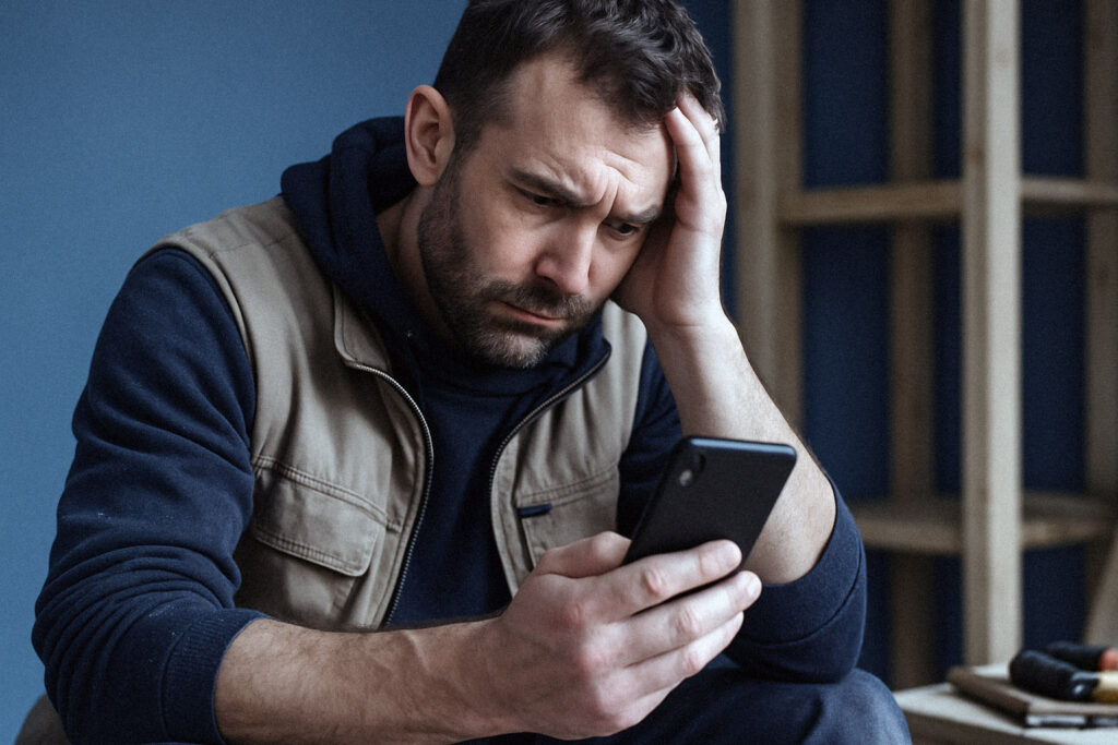 Tradesperson checking their phone during the workday