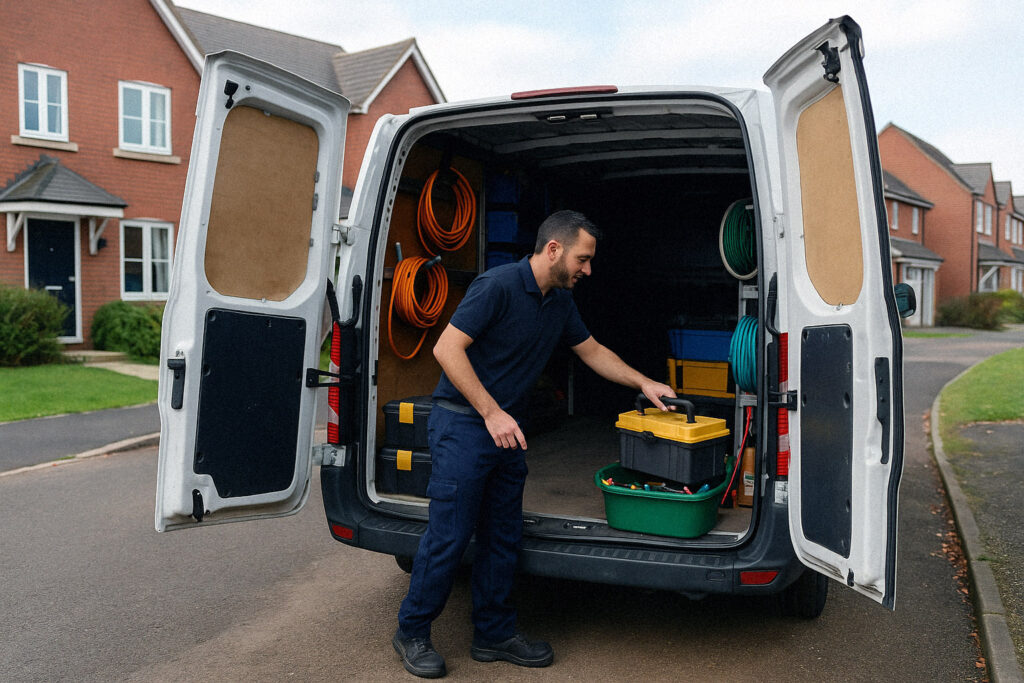 Tradesperson unloading tools from a work van