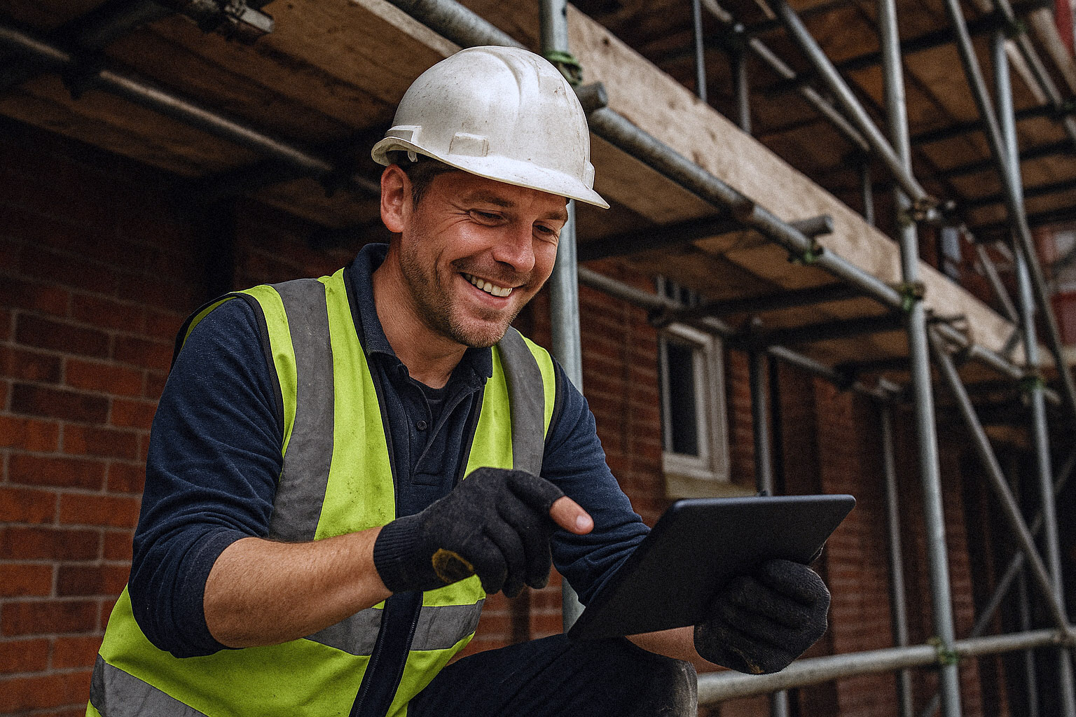 Tradesperson reviewing job details on a tablet at a work site