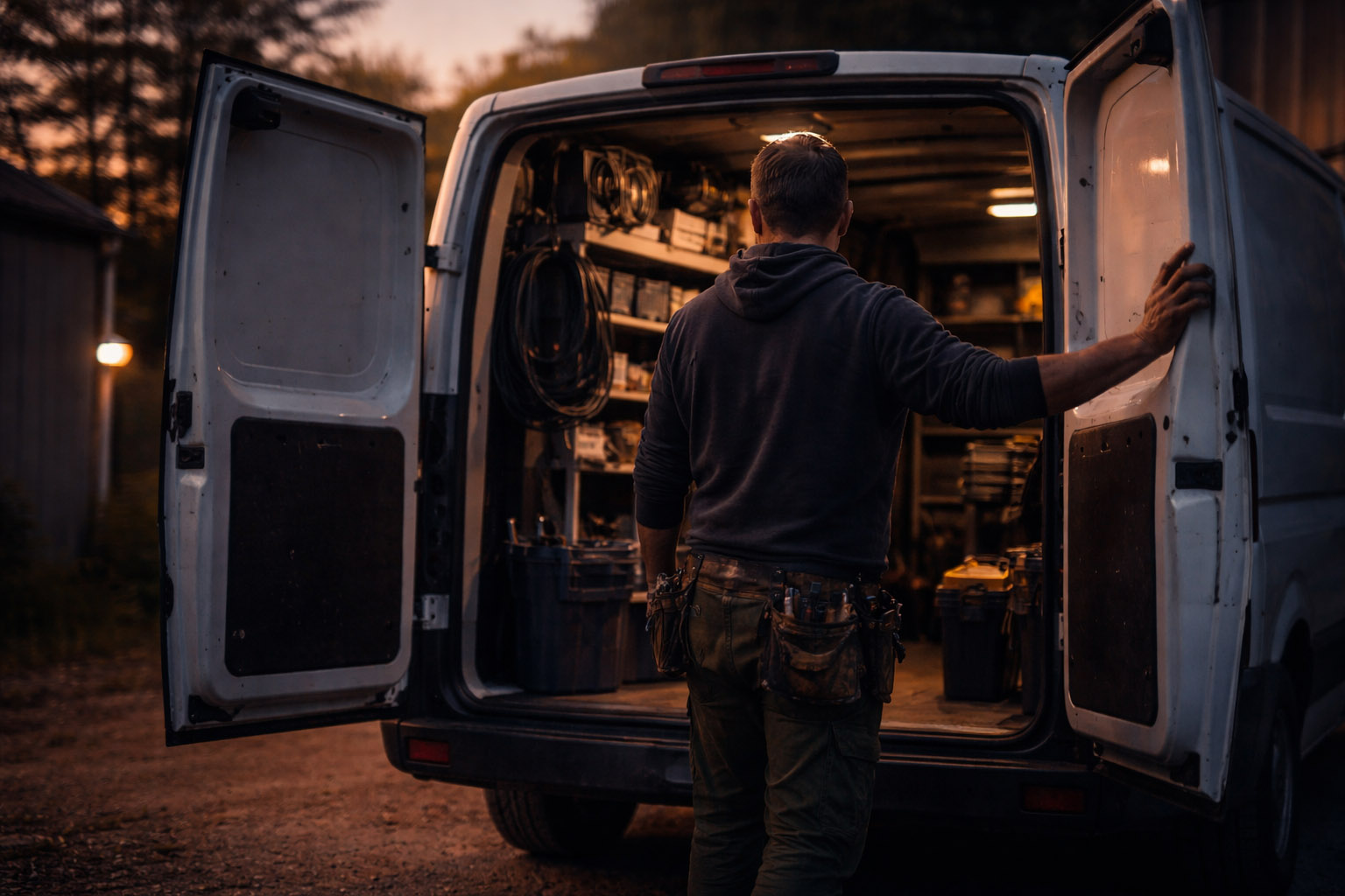 Tradesperson beside a work van