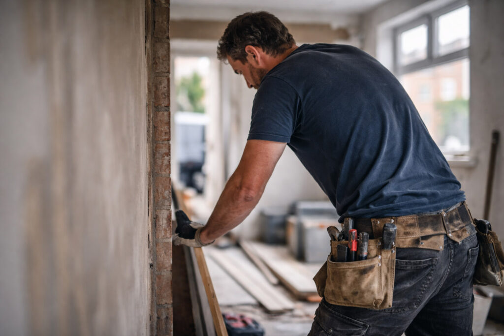 Tradesperson working with tools at a job site