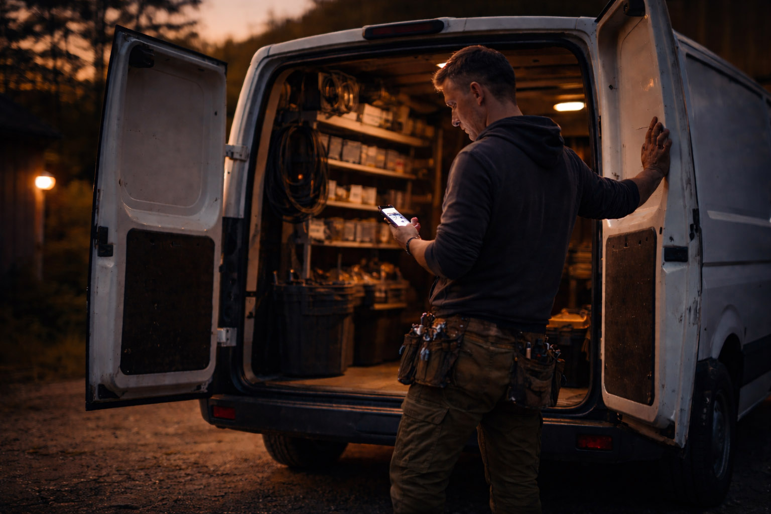 Worker checking phone at van.