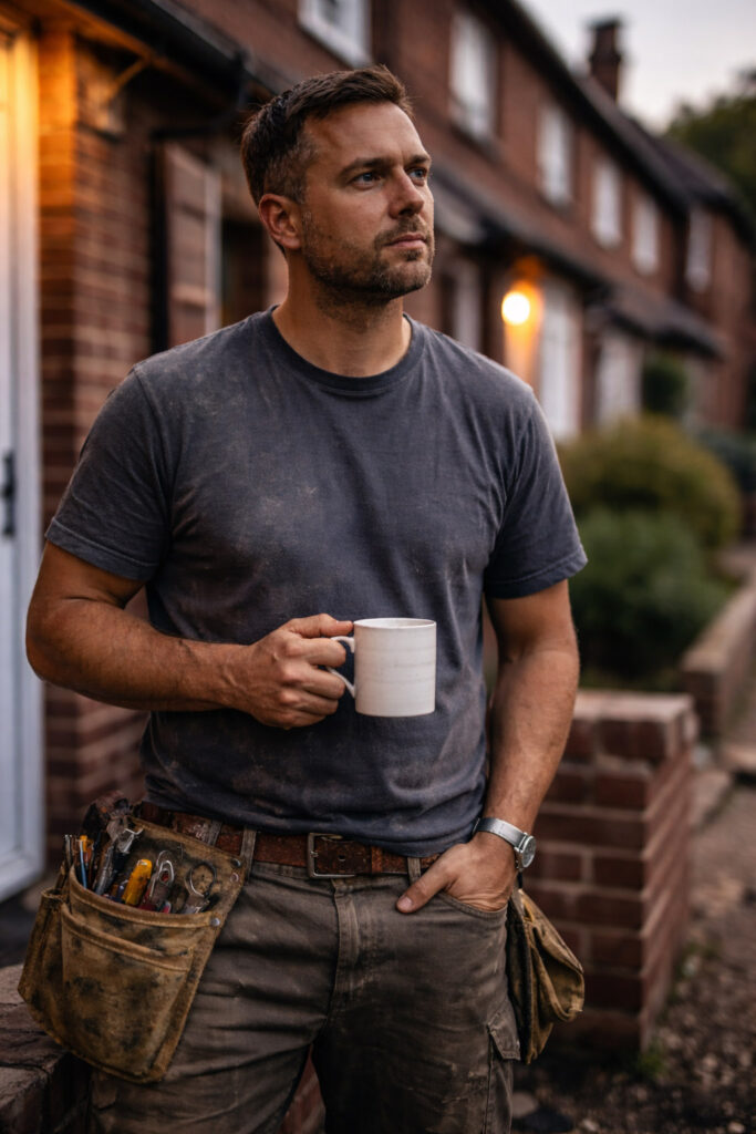Tradesman standing with a mug of tea.